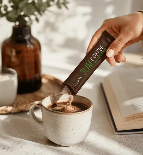 Slimqa-stick tillsätts i en kopp kaffe